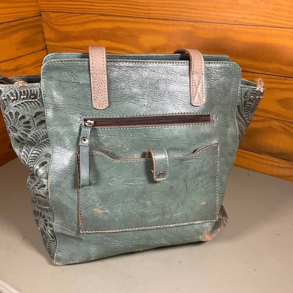 American West Navajo Soul Zip-Top Tote Bag Green Leather Tooled Studded Aztec - Picture 2 of 9